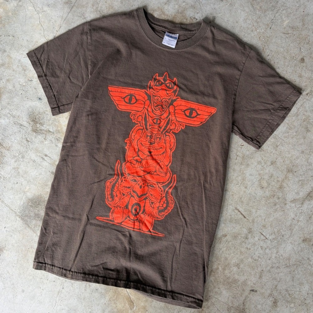 Gildan Ultra Cotton Brown T-Shirt Orange Totem Tribal Graphic Art Mens Small S